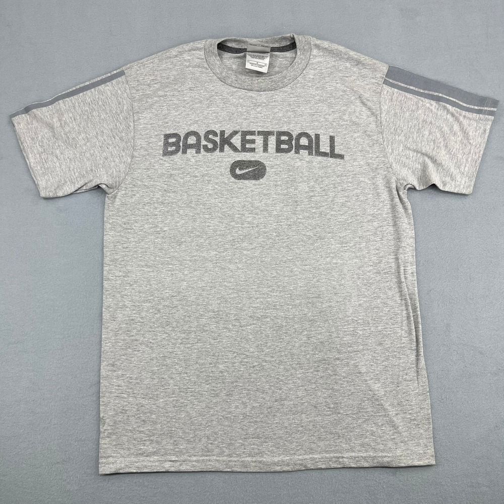 Nike Basketball Graphic T-Shirt‎ Mens Large Gray Short Sleeve Swoosh Stripe Y2K